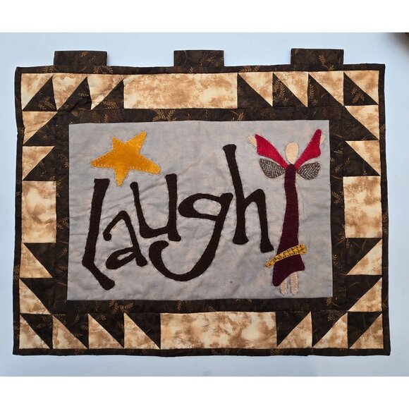 Set Of 3 Primitive Folk Art Quilted Wall Hangings With Words Dream Laugh Love & - Picture 2 of 7